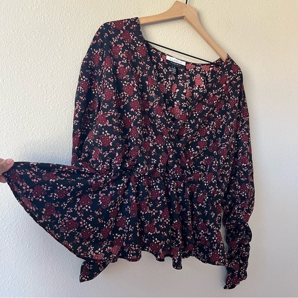 Eloquii Elements Black Burgundy Floral Long Sleeve V Neck Peplum Top- Size 16 - Picture 9 of 11